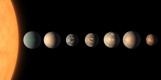 艺术家展示的 TRAPPIST-1 行星系统概念图。基于有关行星直径、质量和与主星距离的可用数据。韦布天文望远镜预计将于2022年夏天开始科学观测。（NASA/JPL）
