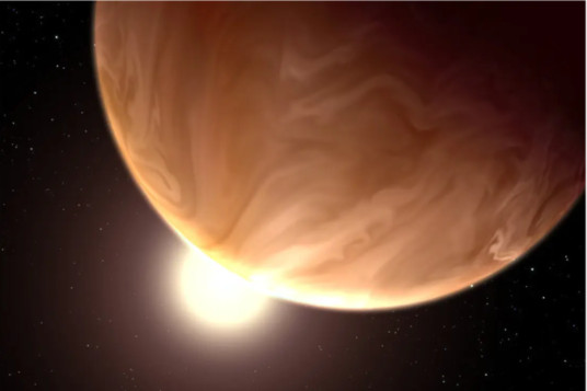 艺术家对 GJ 1214b 的诠释，这是韦布“第一轮观测”中即将研究的行星之一。已知这颗行星被浓厚的大气层覆盖，科学家们预计韦布将以前所未有的能力观测其大气的化学物质。（NASA）