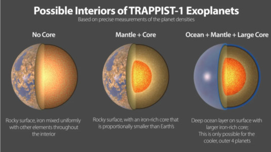 围绕它们的主星运行的TRAPPIST-1 地外行星的三个可能的内部结构，距离我们相对较近，仅41光年。所有七颗行星的密度都非常相似，因此它们可能具有相似的成分。（NASA/JPL）